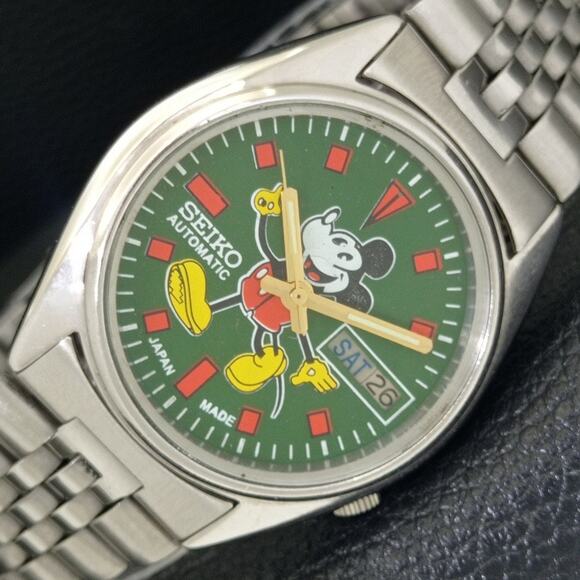 Seiko Other - Vintage 1976 Disney Seiko Automatic Mens Silver Watch W/daydate & Green accents